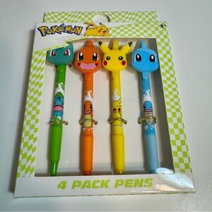NWT. 4-pack of Pokémon pens featuring the characters Bulbasaur, Charmander, etc.